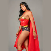 Golden Woman costume with shimmering fabric, elegant design, and matching accessories
